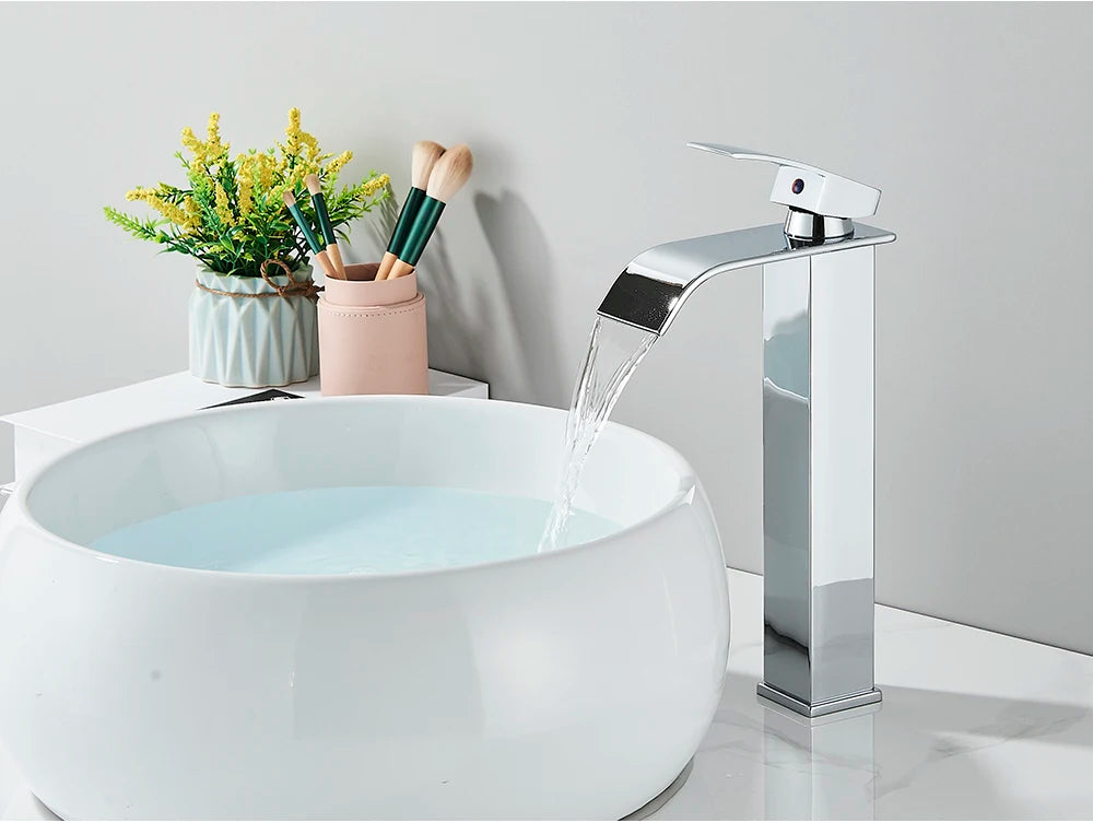 Brushed Golden Basin Faucets Elegant Waterfall Bathroom Sink