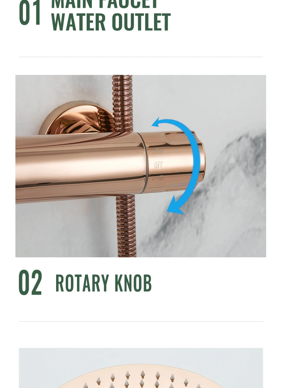 Brushed Rose Gold Thermostatic Exposed Shower System Rainfall