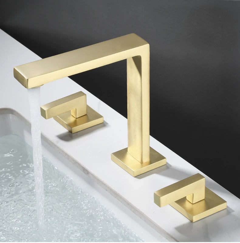 Brushed Gold Basin Faucet Solid Brass Three Hole