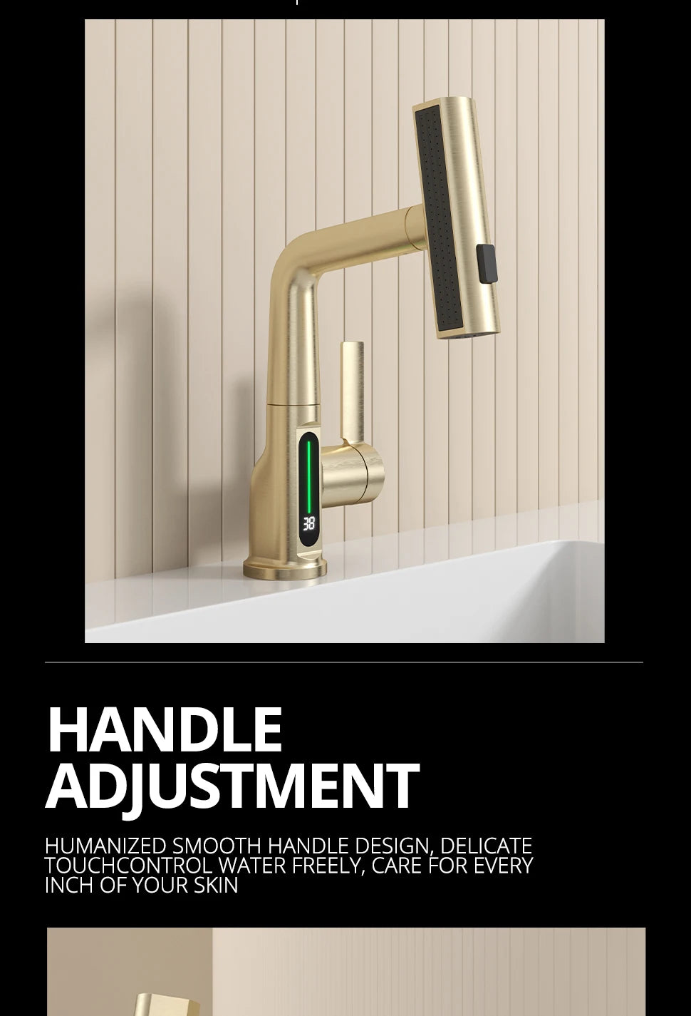 Brushed Gold Basin Faucet Lifting Pull Down Digital