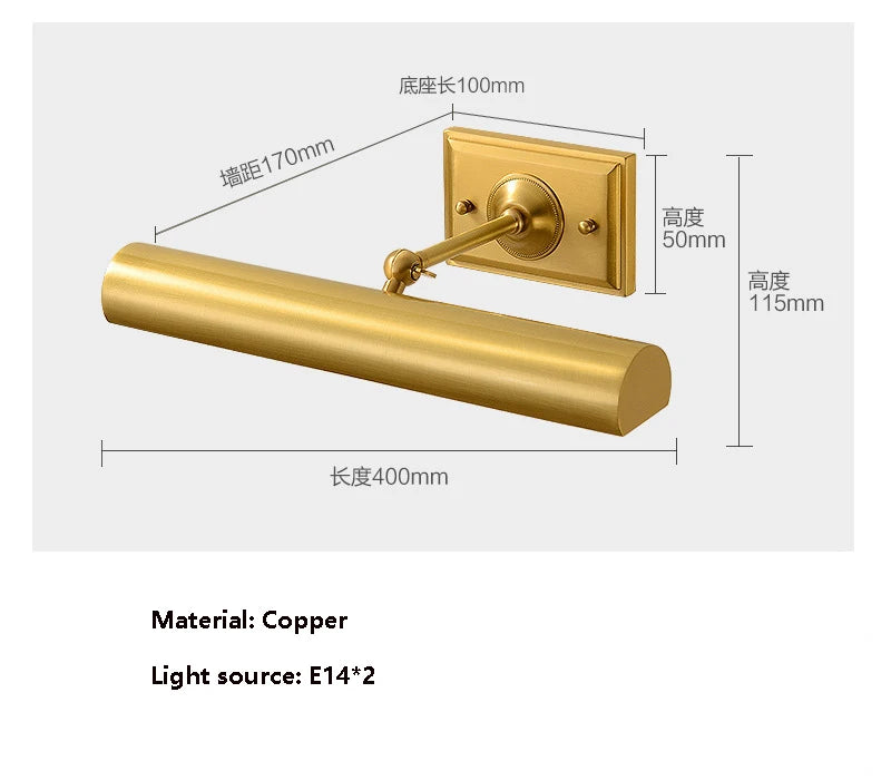 Brass Mirror Front Light Retro Bathroom Vanity Wall
