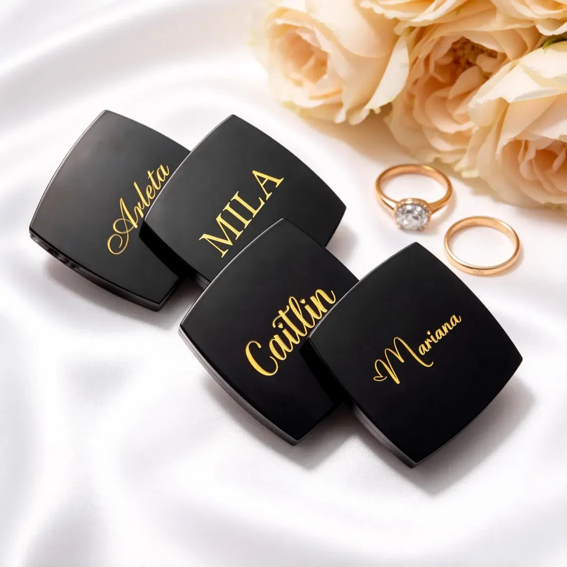 Personalized Engraved Compact Mirror Matte Black Pocket Makeup