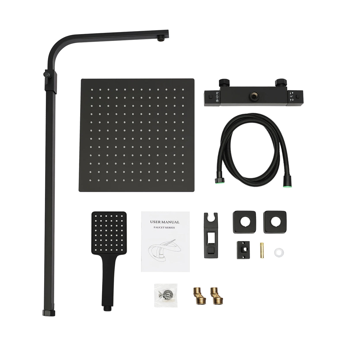 Black Rainfall Shower Thermostat Bathroom Wall Mounted 30cm