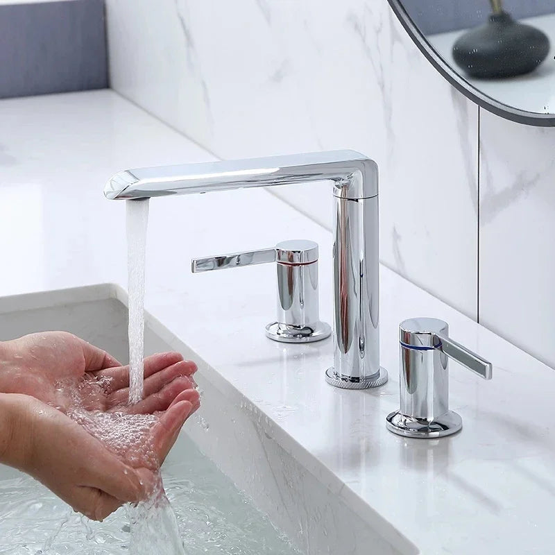 Brushed Gold Bathroom Widespread Basin Faucets Soild Brass