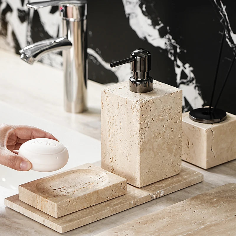 Beige Travertine Bathroom Natural Marble Soap Dispenser Reed