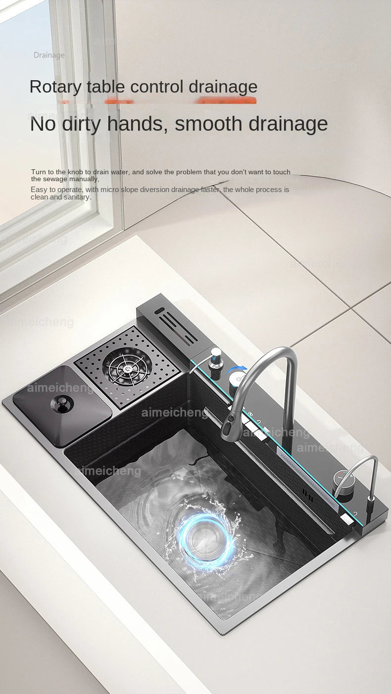 Stainless Steel Sink Waterfall Trash Can Cup Wash