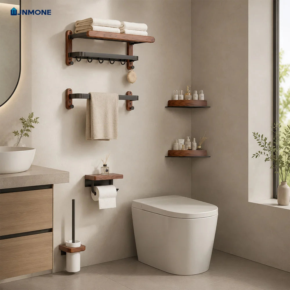 Walnut Wood Bathroom Wall Mounted Towel Rack Shelf