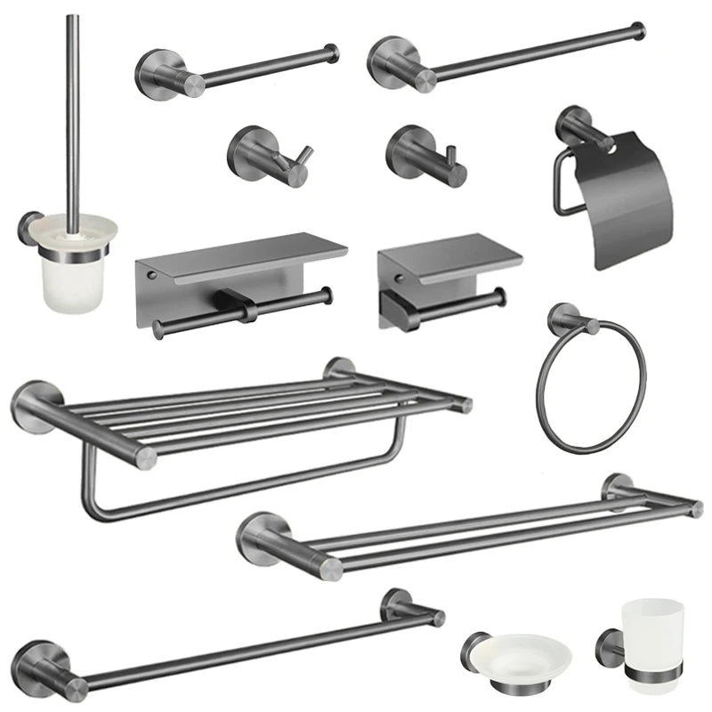 Grey Bathroom Hardware Kit Stainless Steel Round Wall