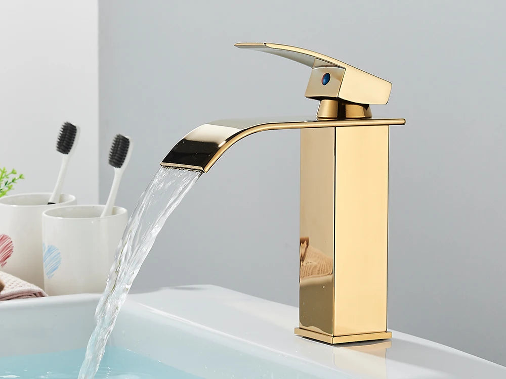 Brushed Gold Basin Sink Faucet Waterfall Outlet Vanity