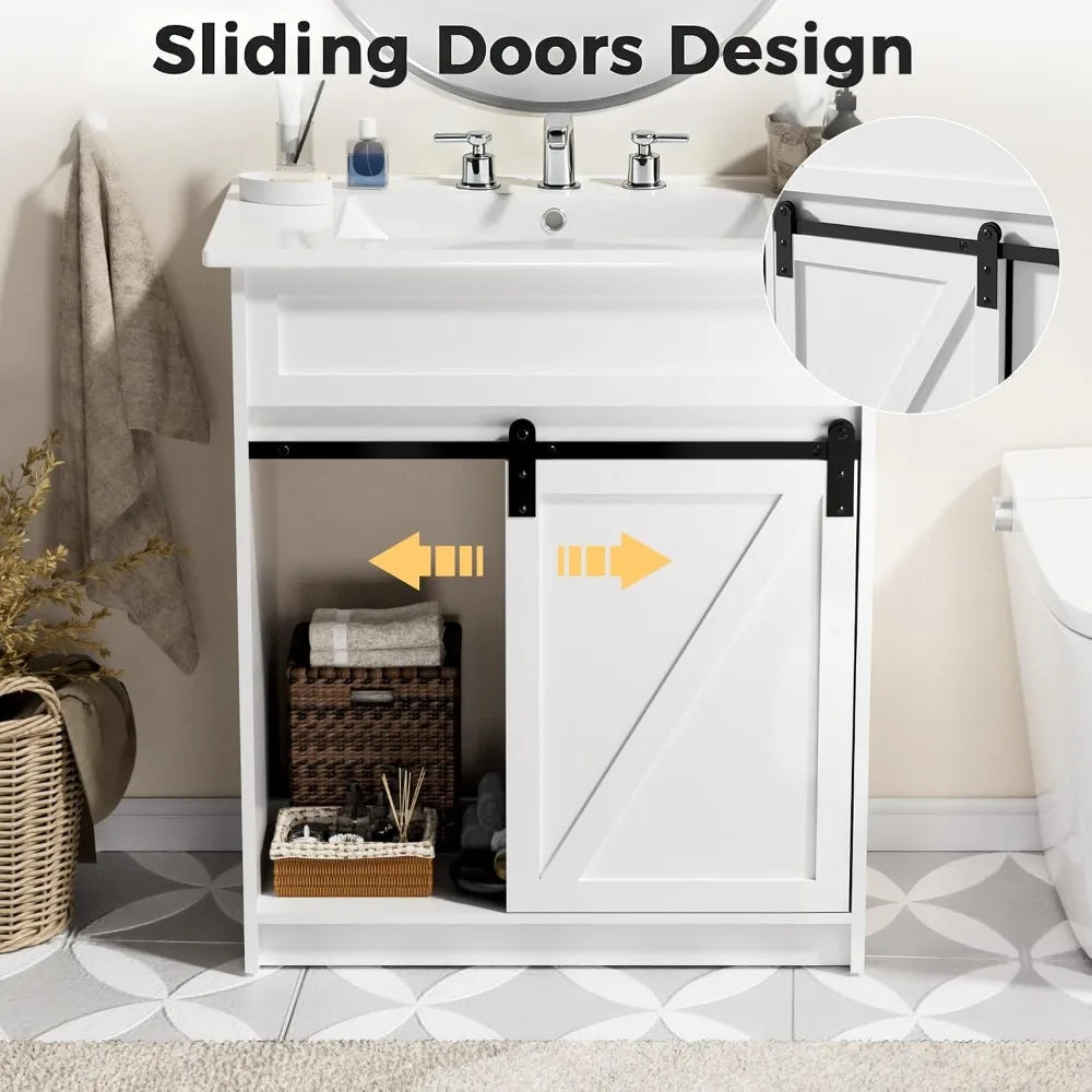 30 Bathroom Vanity Sink Farmhouse Cabinet White Sliding