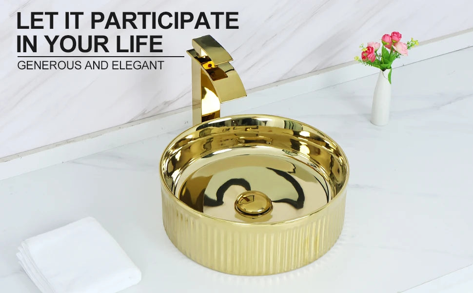 Kemaidi 14 Gold Round Vessel Sink Faucet Ceramic