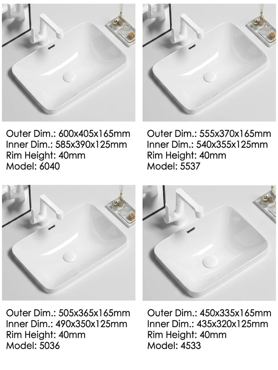 Rectangular Semi Recessed Ceramic Wash Basin Bathroom Countertop