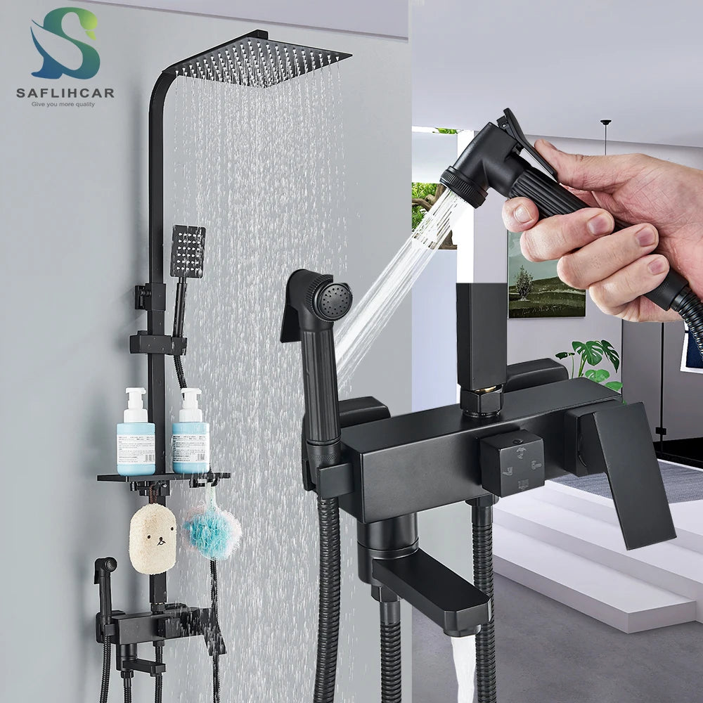 Black/Chrome Brass Shower Faucets Rainfall Shower Shelf Cold