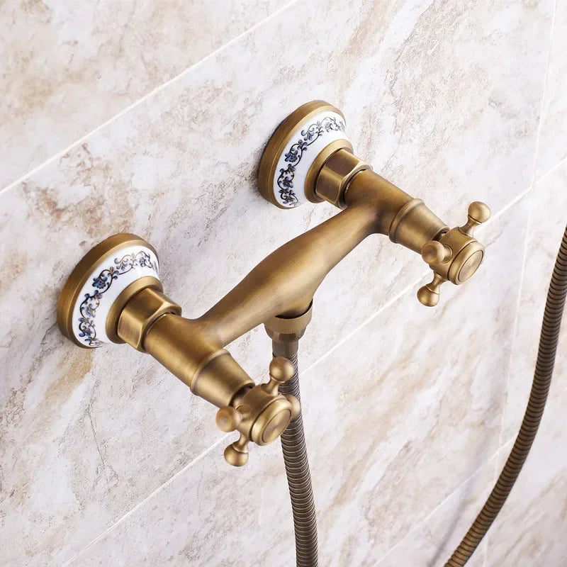 Retro Shower Faucets Antique Brass Ceramics Bathtub Faucets