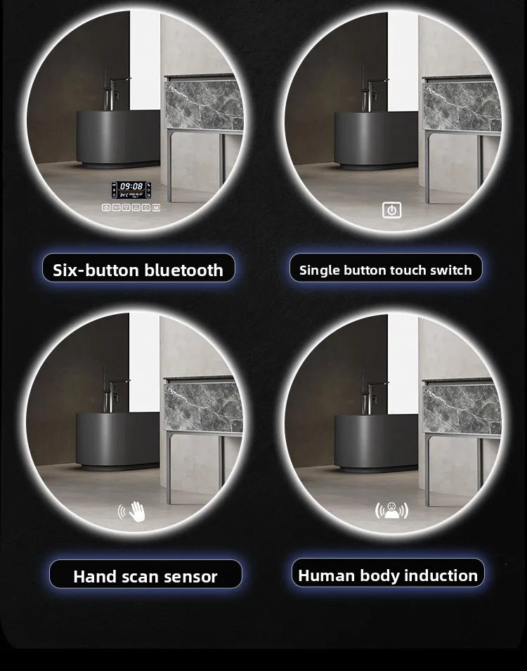 Round Smart Bathroom Mirror Wall-Mounted Led Light Touch