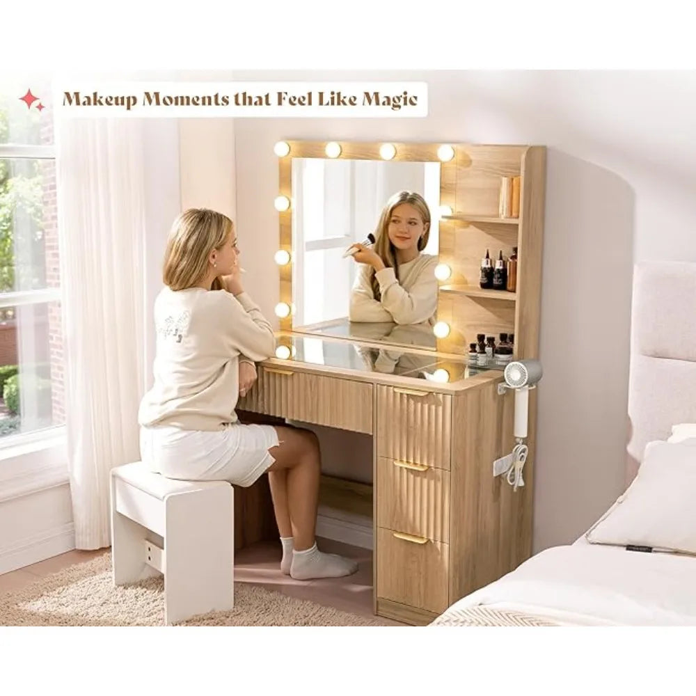 Fluted Vanity Desk Mirror Adjustable Led Lights Large