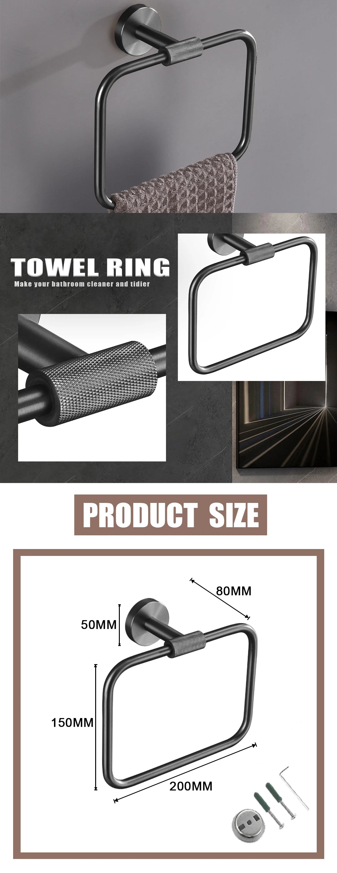 Grey Bathroom Hardware Kit Stainless Steel Round Wall
