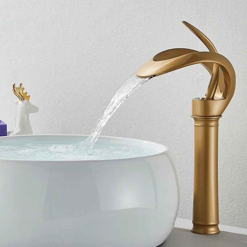Black Bathroom Basin Taps Handle Waterfall Faucet Solid