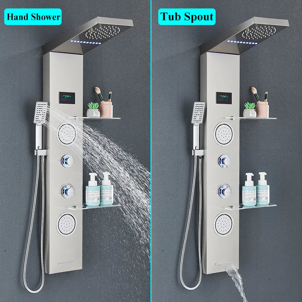Brushed Nickel Bathroom Led Rainfall Shower Faucet Digital