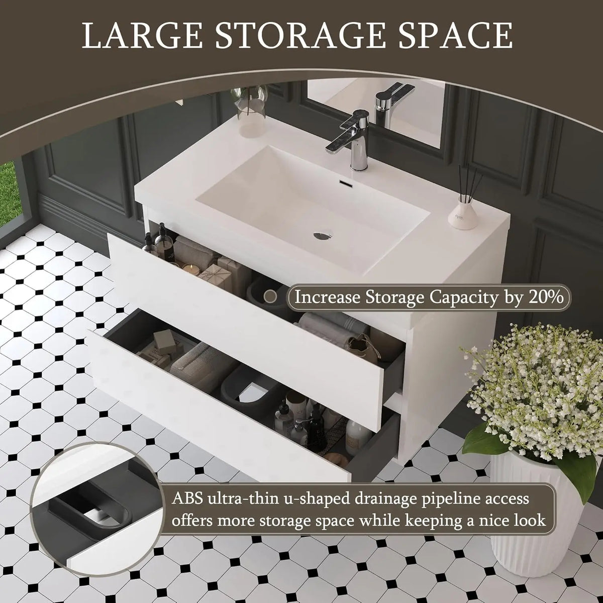 36 Inch Floating Bathroom Vanity Sink Large Storage