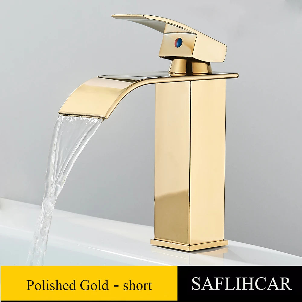 Brushed Gold Basin Sink Faucet Waterfall Outlet Vanity