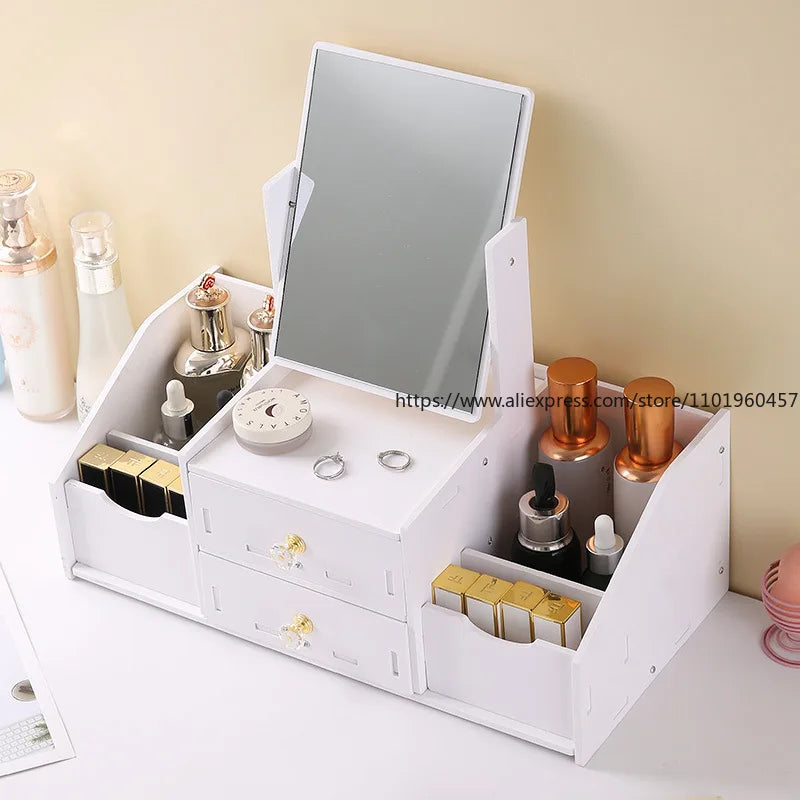 Desktop Drawer-Type Vanity Mirror Storage Box Round Makeup