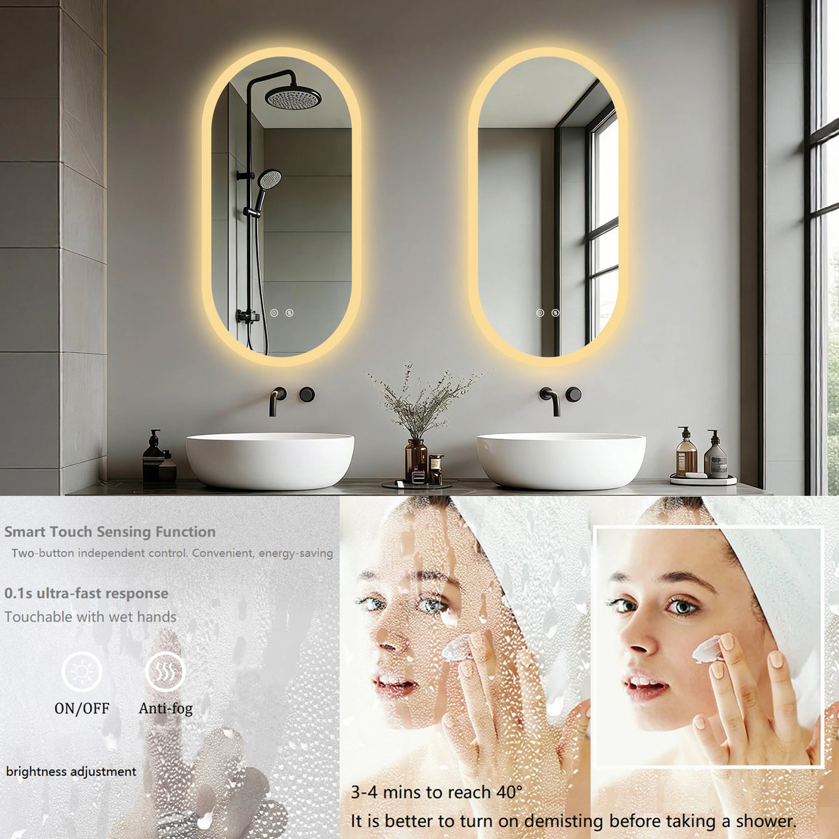 Led Bathroom Mirror Smart Anti-Fog Dimmable Led Lighted