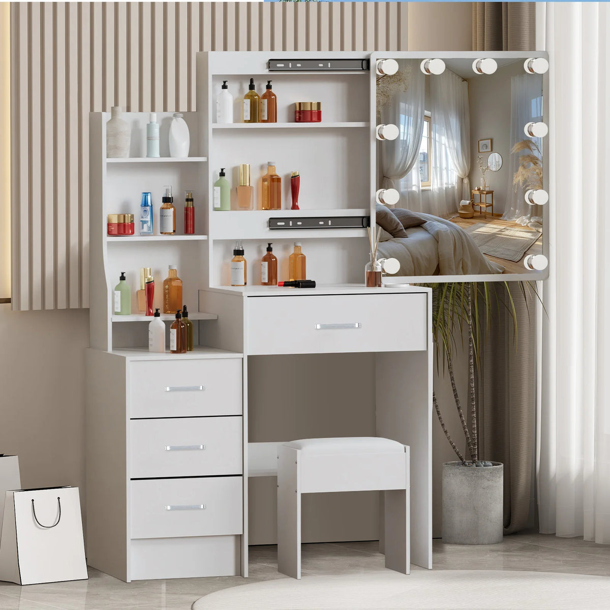 White Makeup Dressing Table W/ Lights Sliding Mirror