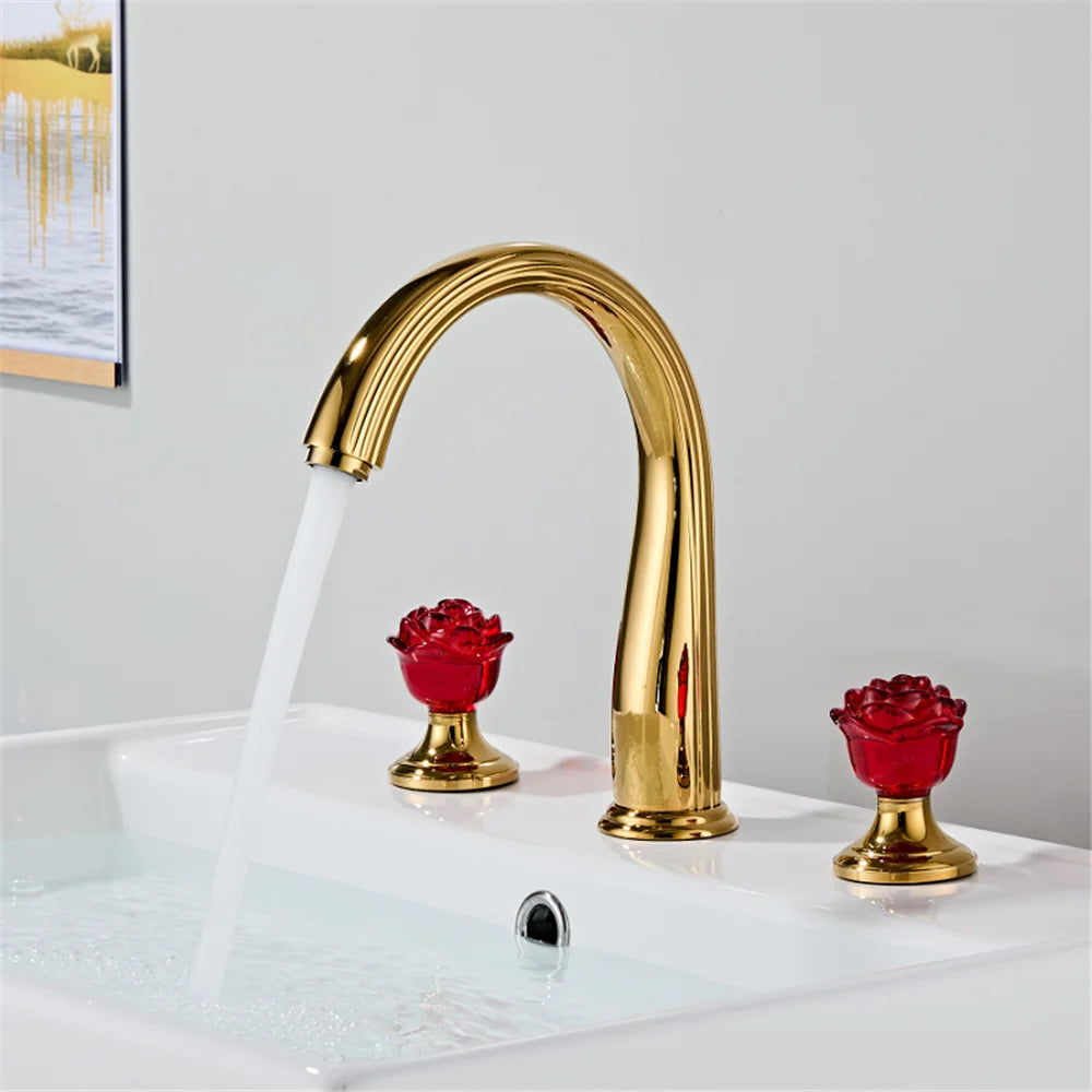 Gold Red Rose Basin Faucet Widespread Sink Tap