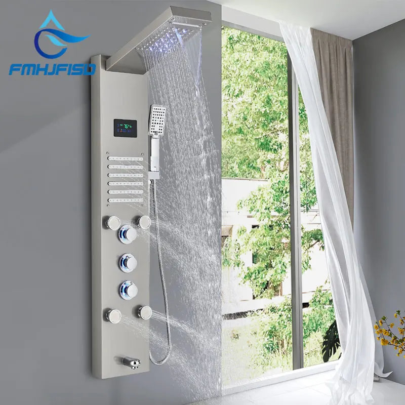 Led Shower Panel Waterfall Rain Temperature Digital Display
