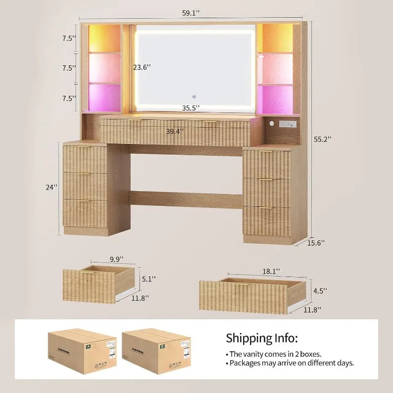 Hauoms Big Vanity Fluted Wood Makeup Vanity Desk