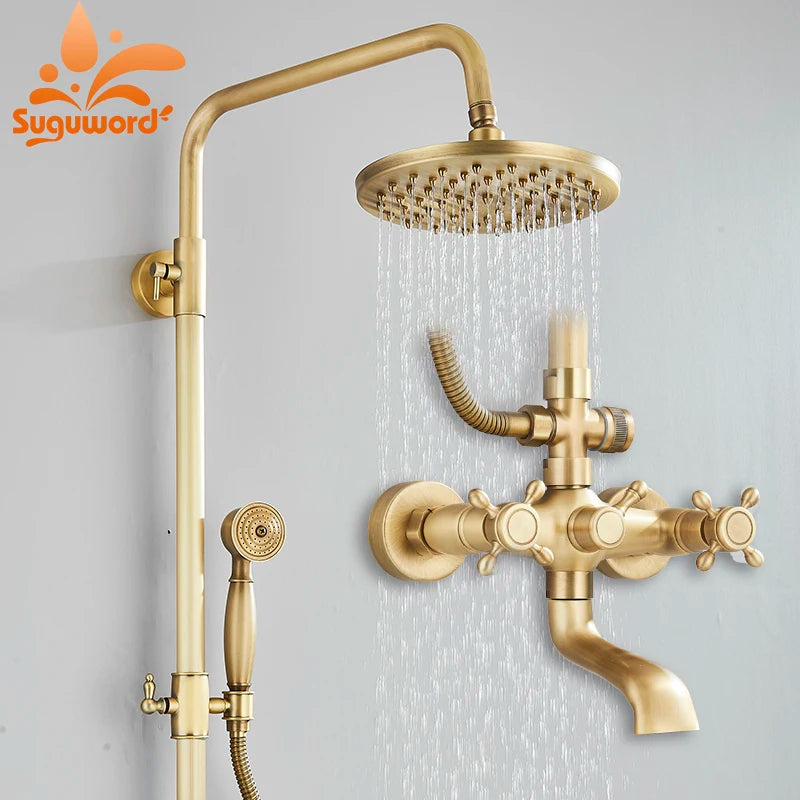 Antique Brass Shower Faucet Rainfall Head Shower Handshower