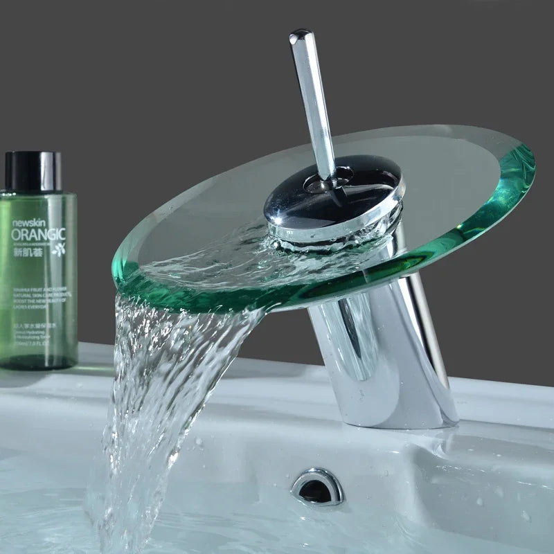Colorful Glass Waterfall Bathroom Basin Sink Faucet Chrome