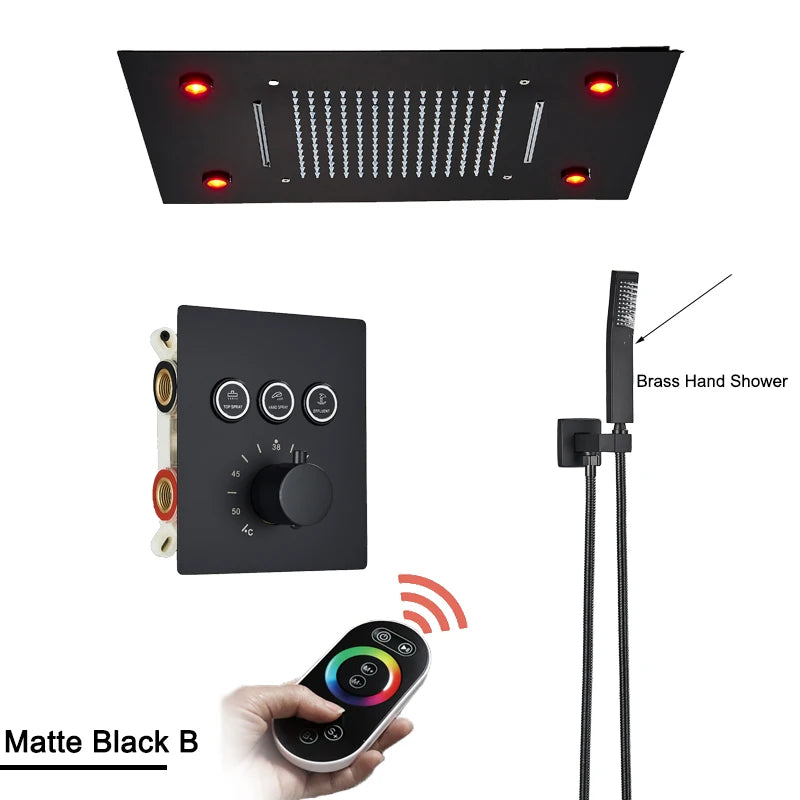 Shinesia Black Thermostat Rainfall Concealed Shower Led Hidden