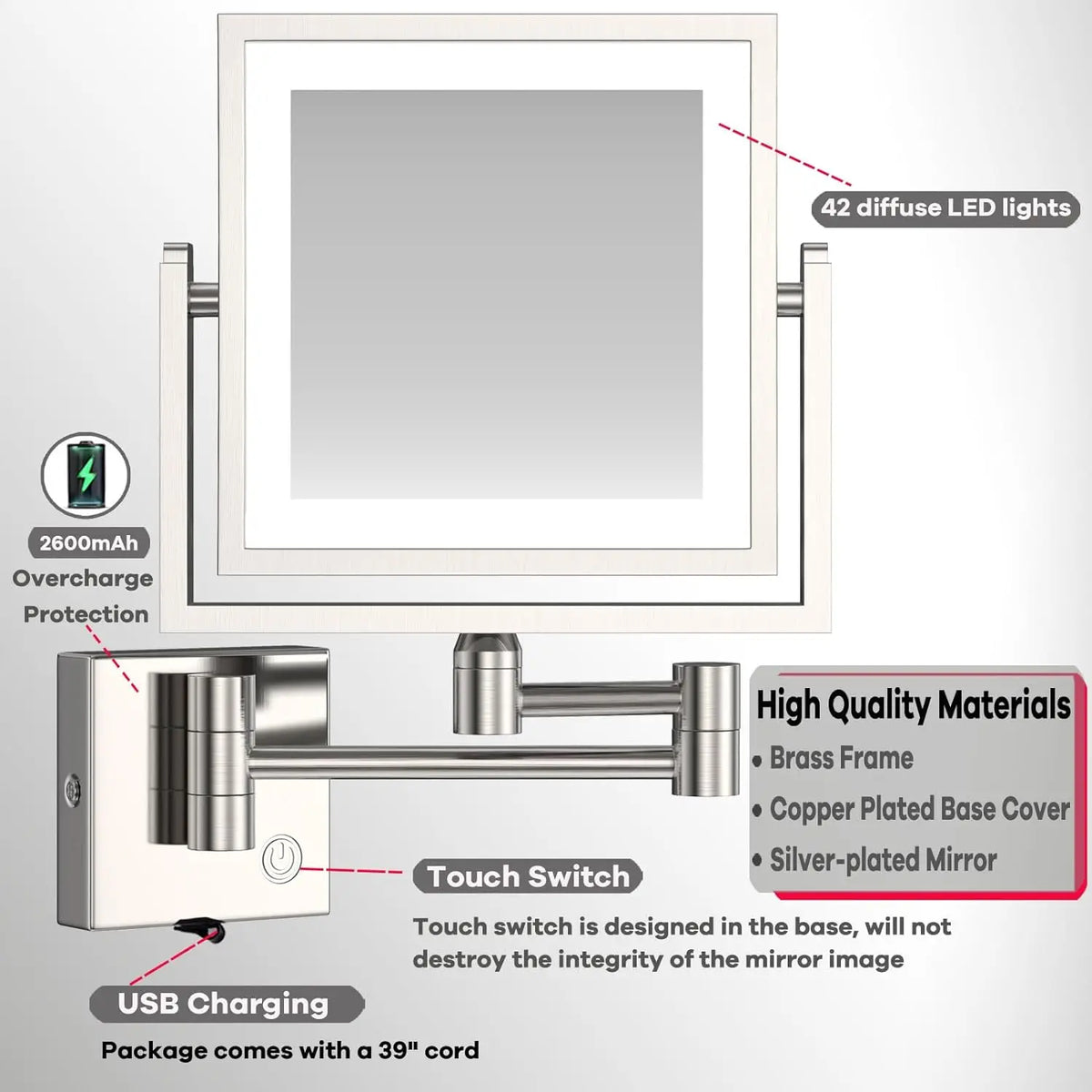Square Touch Led Folding Bathroom Mirror 3x Magnifying