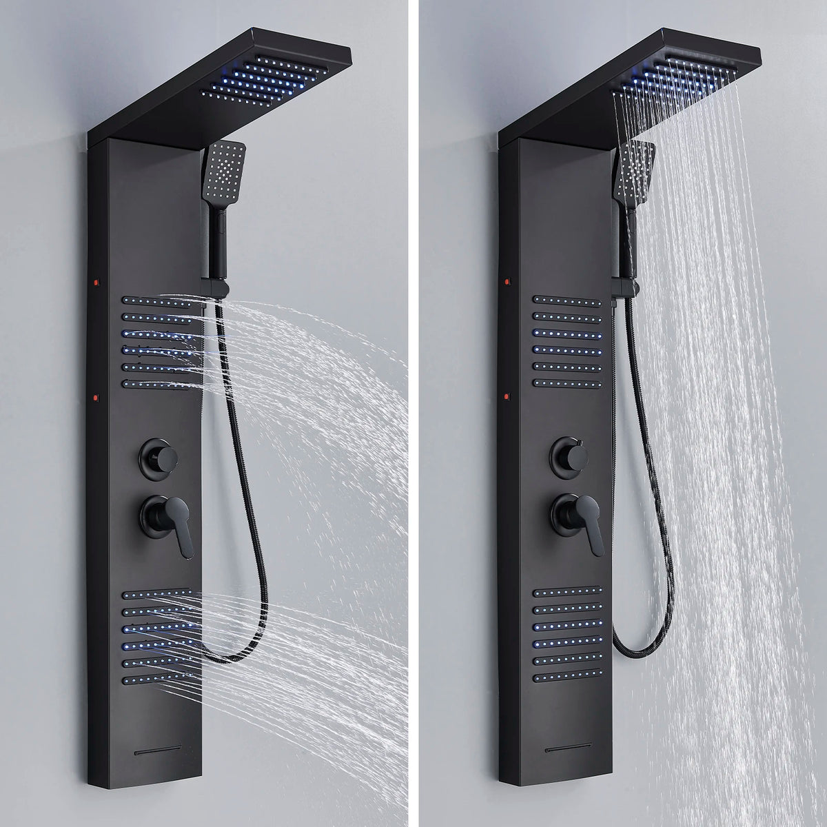 Black Led Shower Panel Tower System Rain Waterfall