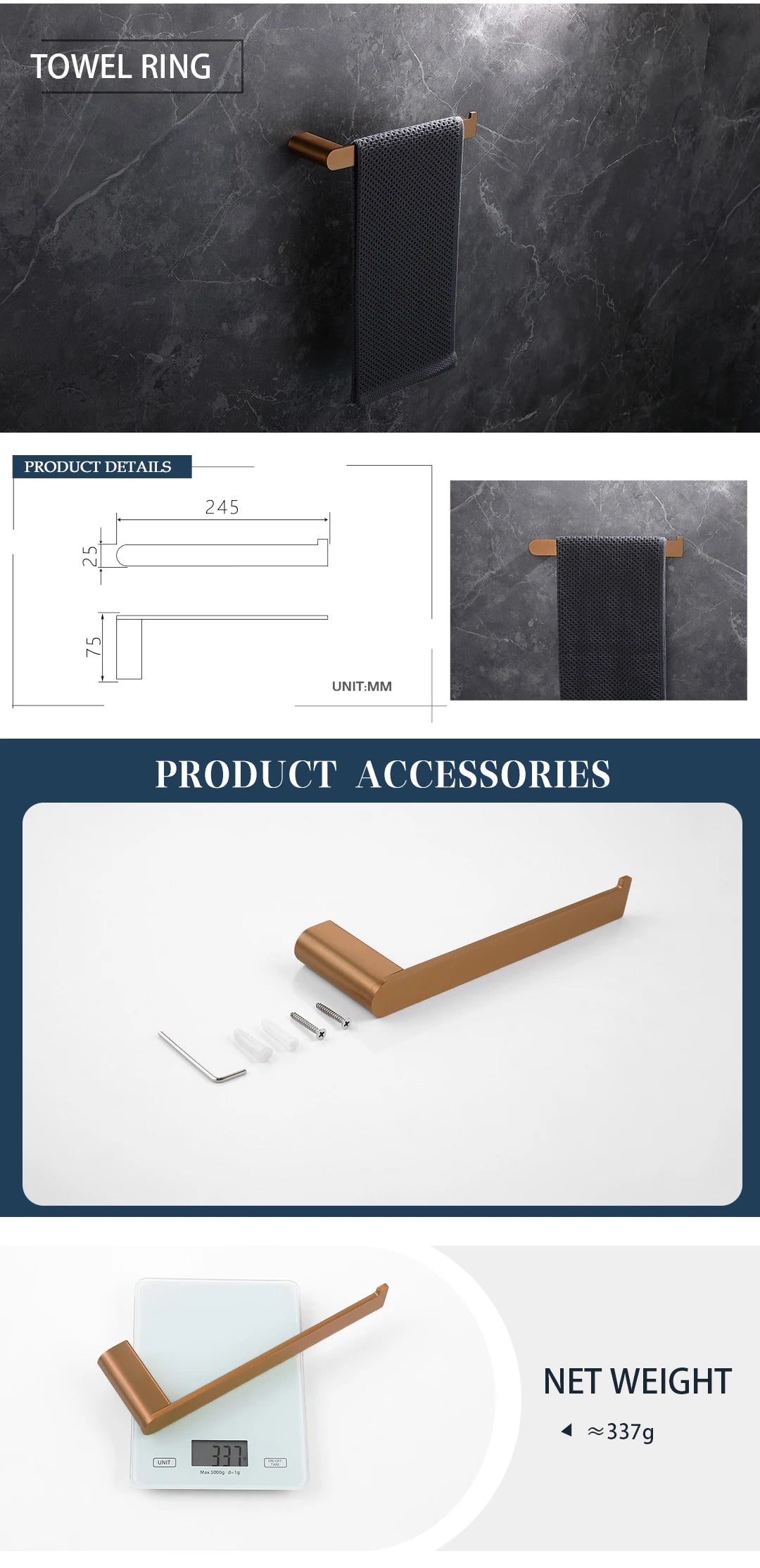 Brushed Rose Gold Toilet Paper Holder Towel Bar