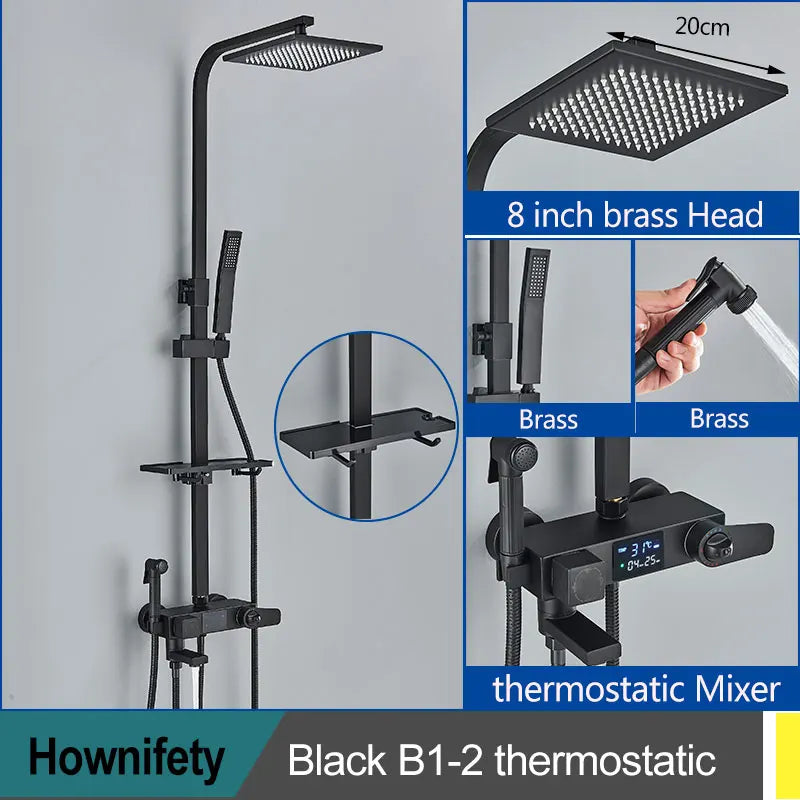 Black Thermostatic Shower Faucets Digital Display Screen Cold