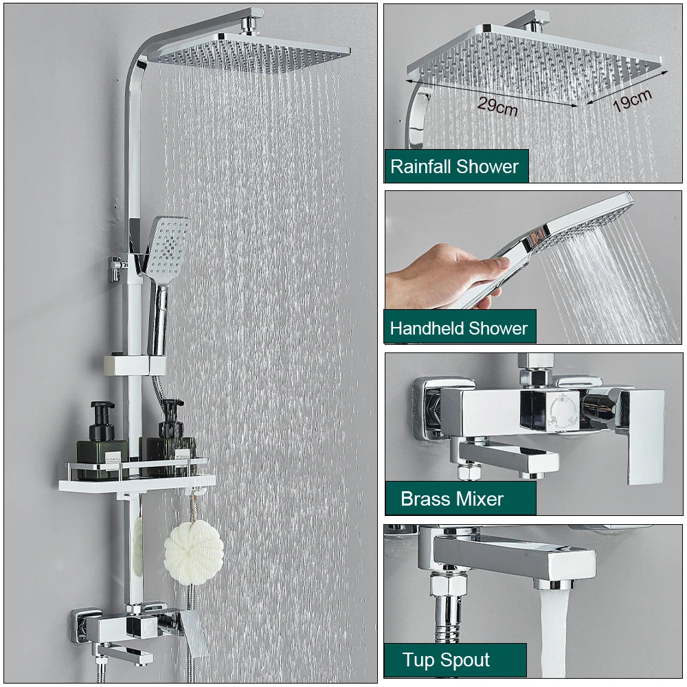 Shower Faucet Rainfall 3/4-Ways Bathtub Tap Bathroom Shelf