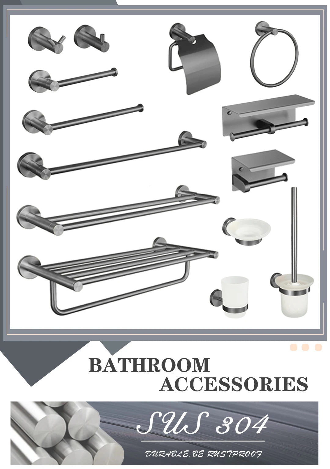 Grey Bathroom Hardware Kit Stainless Steel Round Wall