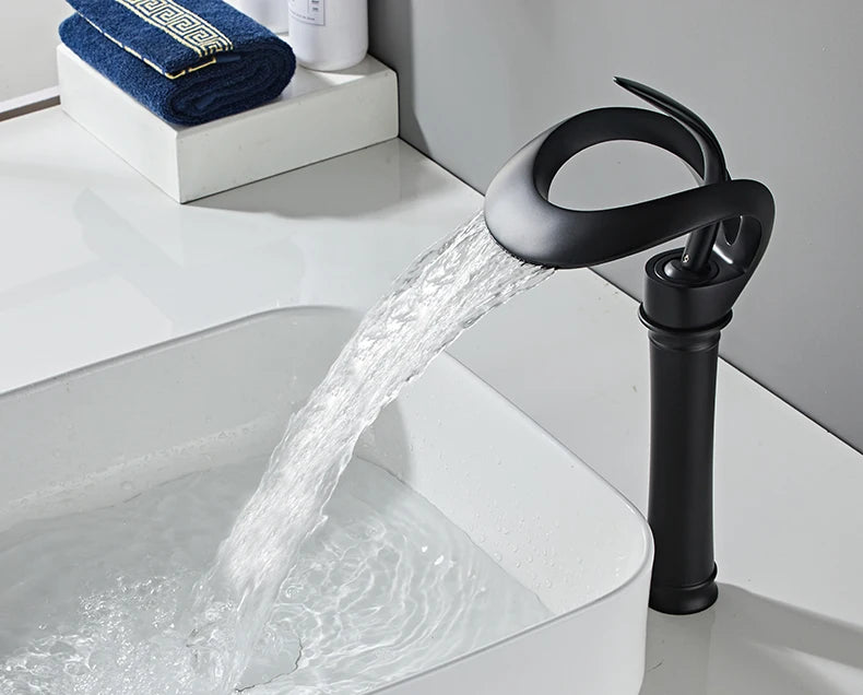 Black Bathroom Basin Taps Handle Waterfall Faucet Solid