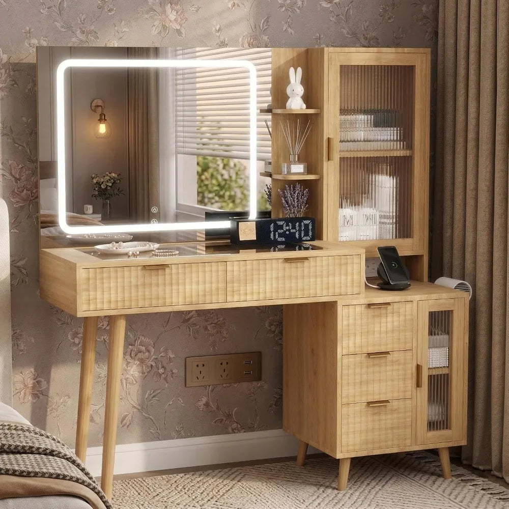 Fluted Boho Vanity Desk Led Mirror Glass Top