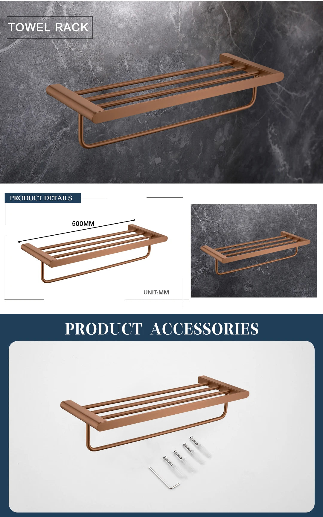 Rose Gold Bathroom Wall Mount Shelf Toilet Bath