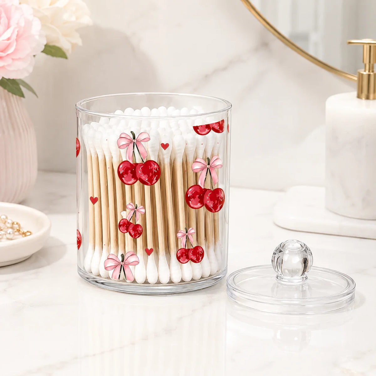 Cherry Print Clear Acrylic Cotton Swab Holder Lid