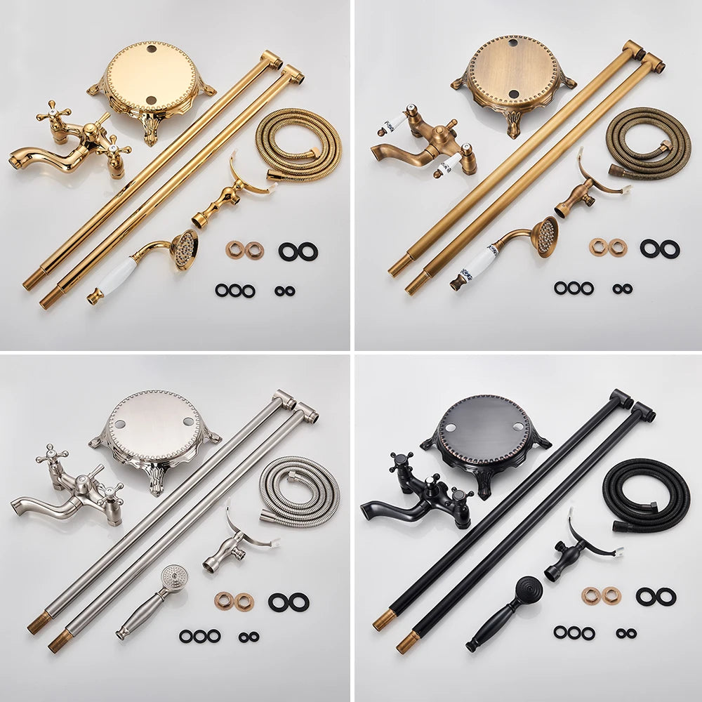 Antique Brass Floor Mounted Bathtub Shower Faucet Dual