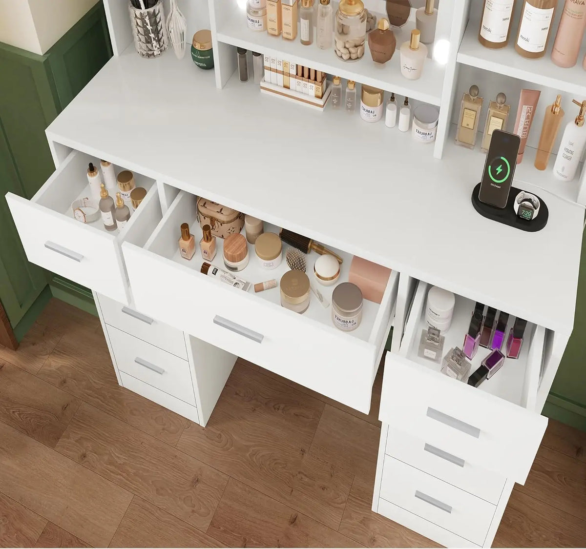 Makeup Vanity Lighted Mirror & Power Outlet Drawers