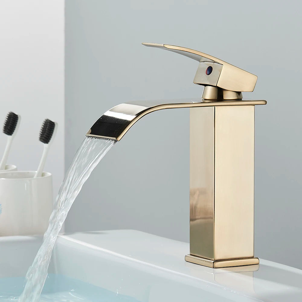 Brushed Gold Basin Sink Faucet Waterfall Outlet Vanity