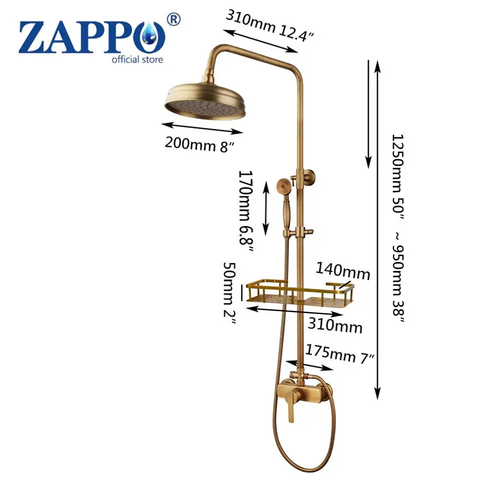 Zappo Antique Brass Shower Systerm Flexible Retro Brass