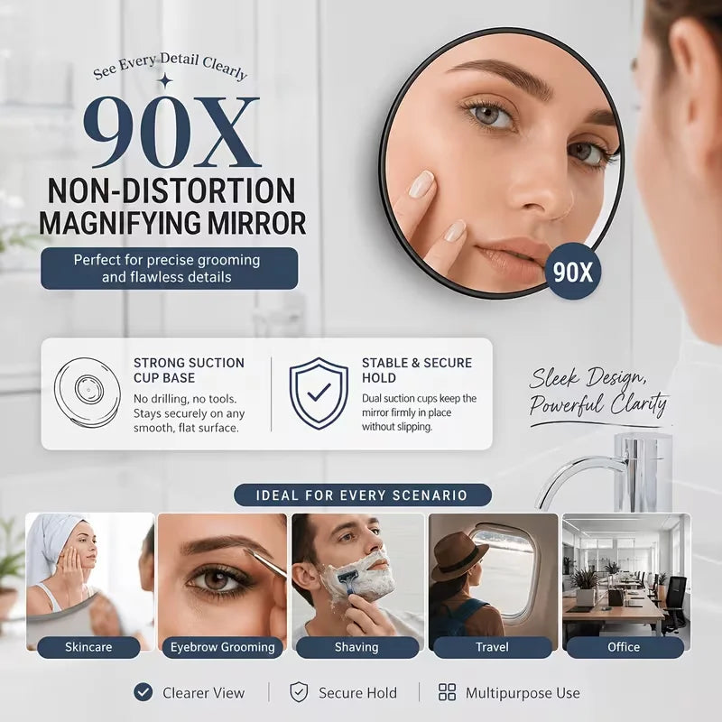 90x Magnifying Makeup Mirror Dual Suction Cups Tweezers