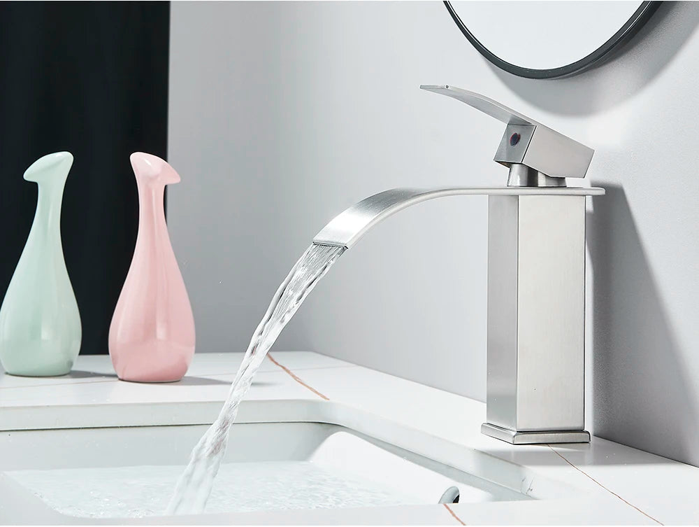 Brushed Golden Basin Faucets Elegant Waterfall Bathroom Sink